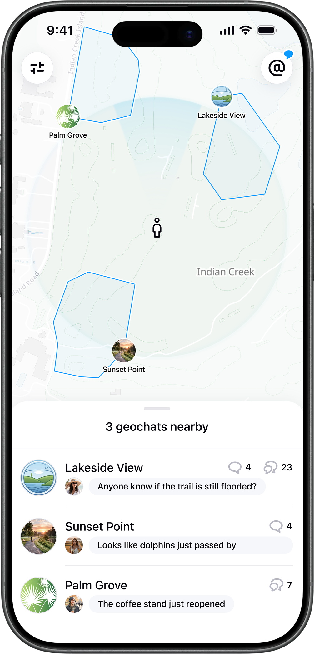 Geotic map showing nearby geochats and their boundaries