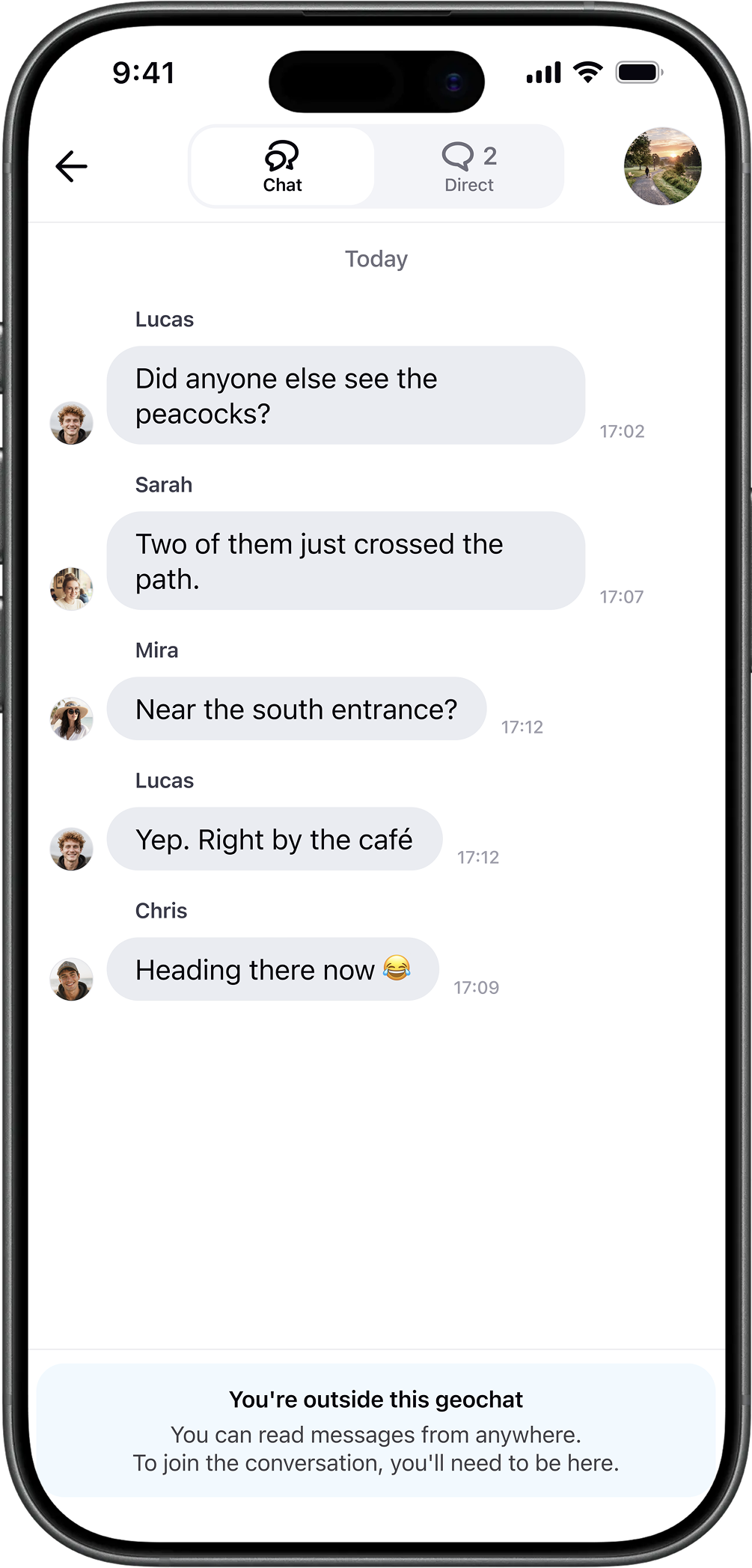 A readable Geotic chat outside its geozone